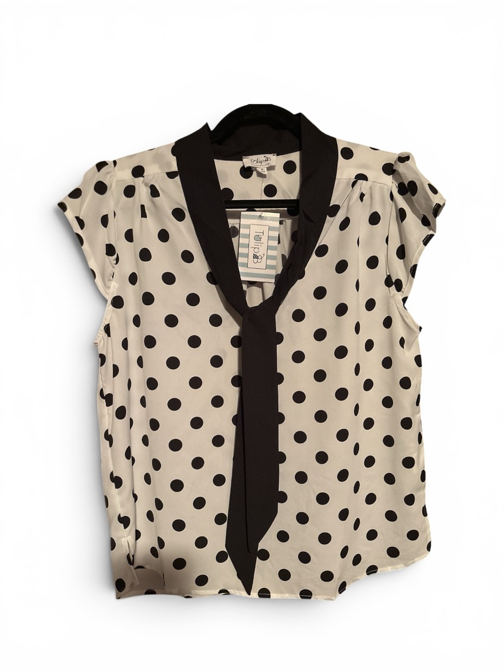 Polka Dot Tie-Neck Blouse - Black/White